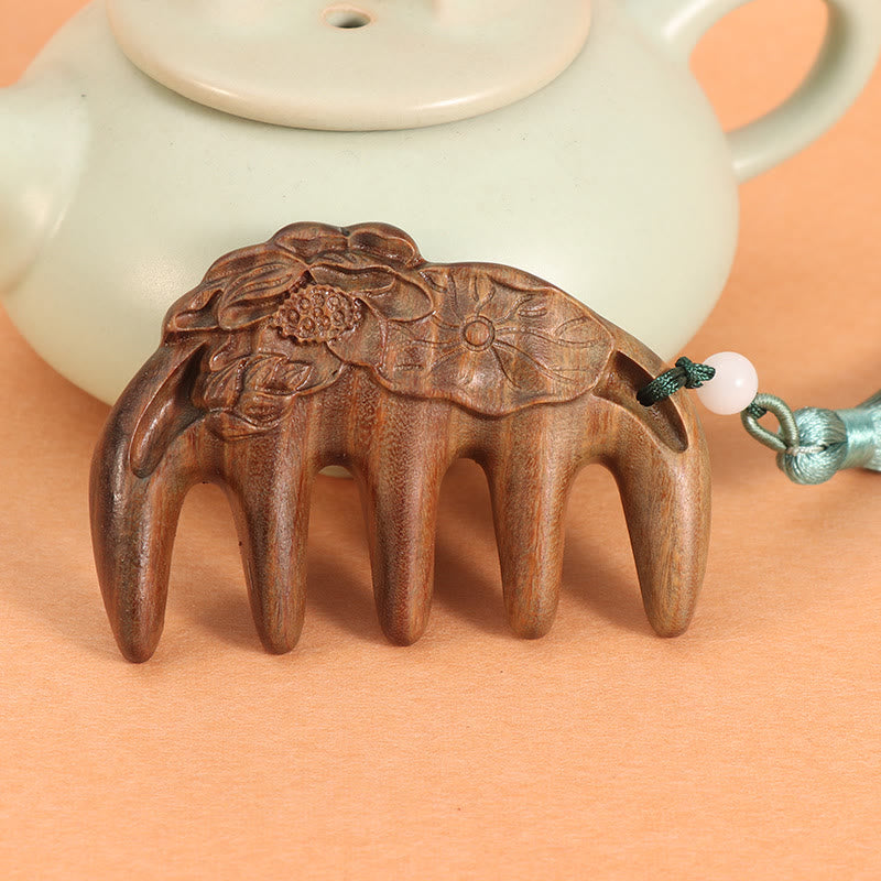 Green Sandalwood Tassel Comb with Lotus & Koi Fish Symbols