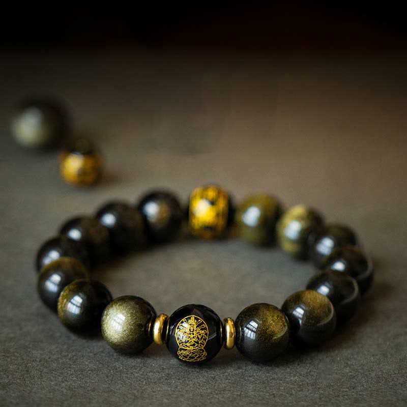Goldglänzendes Obsidian-Schutzarmband mit chinesischem Sternzeichen, 12 mm