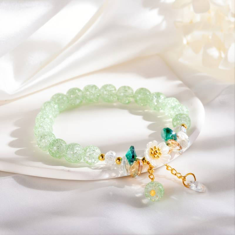 Spiritual Glass Bead Bracelet with Flower Charm for Protection