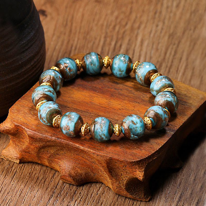 Gold Swallowing Beast Liuli Glass Bead Spiritual Bracelet 12mm