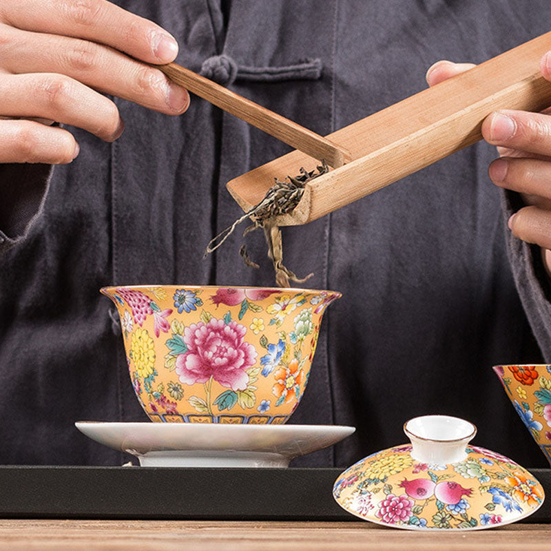 Peony Ceramic Gaiwan Sancai Teacup 9.5cm Meditation