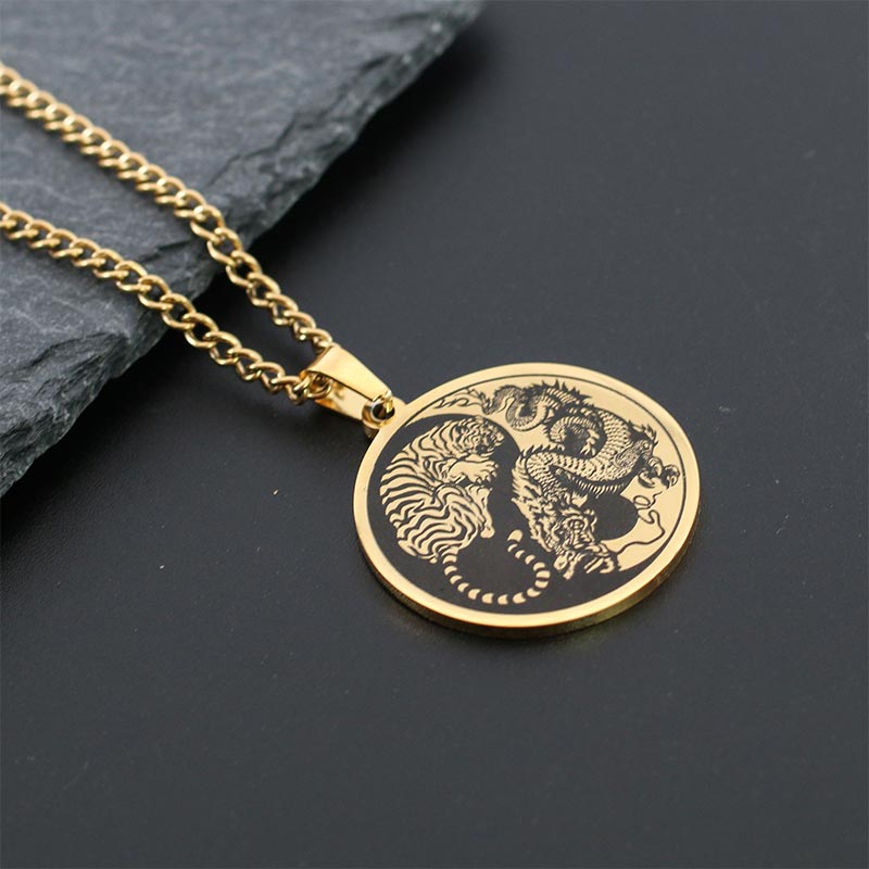 Titanium Steel Dragon Necklace with Tiger Dragon Harmony Pendant