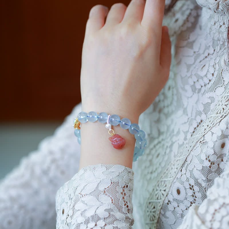 Aquamarine Healing Bracelet with Red Agate and Pearl Beads