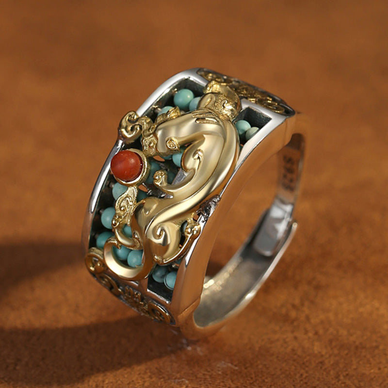 925 Sterling Silver Turquoise Red Agate PiXiu Protection Ring