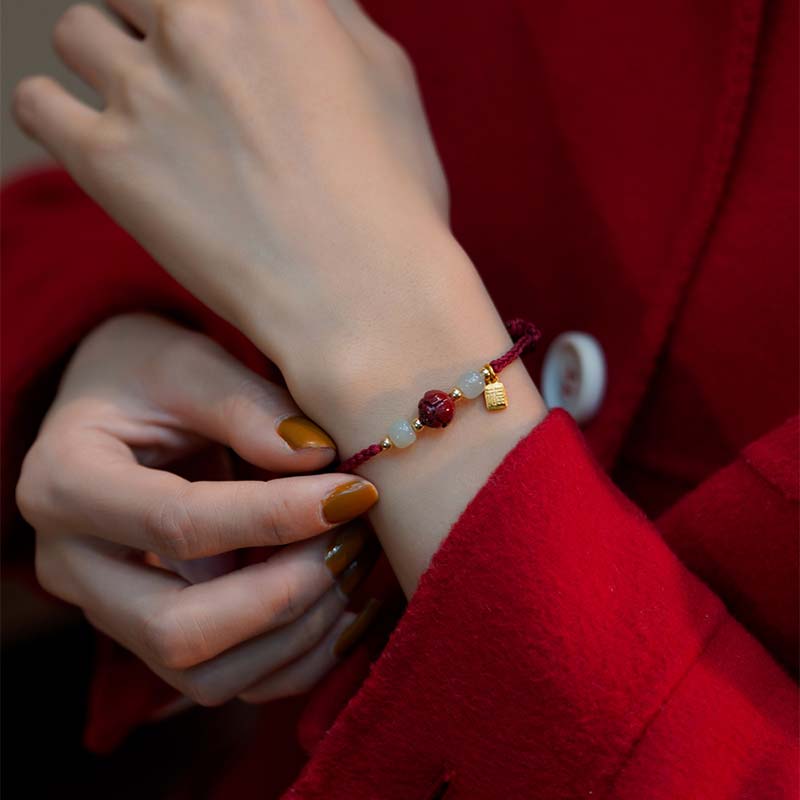 Adjustable Cinnabar Jade Red String Lotus Bracelet for Calm