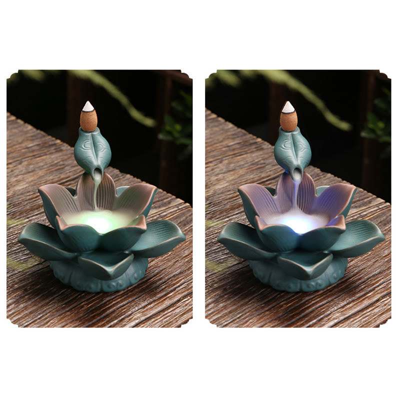 Ceramic Incense Burner Lotus Flower Frog Butterfly Decor