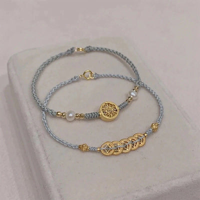 Copper Coin Tree of Life Bracelet with Pearl and Blue Rope