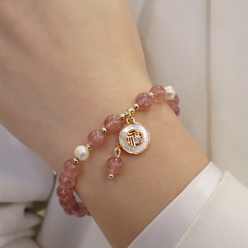 Strawberry Quartz Healing Bracelet with Fu Charm for Love & Luck