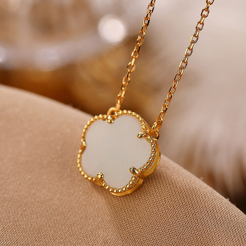 Hetian Jade Flower Necklace & Ring Set in Sterling Silver Gold Plated for Luck