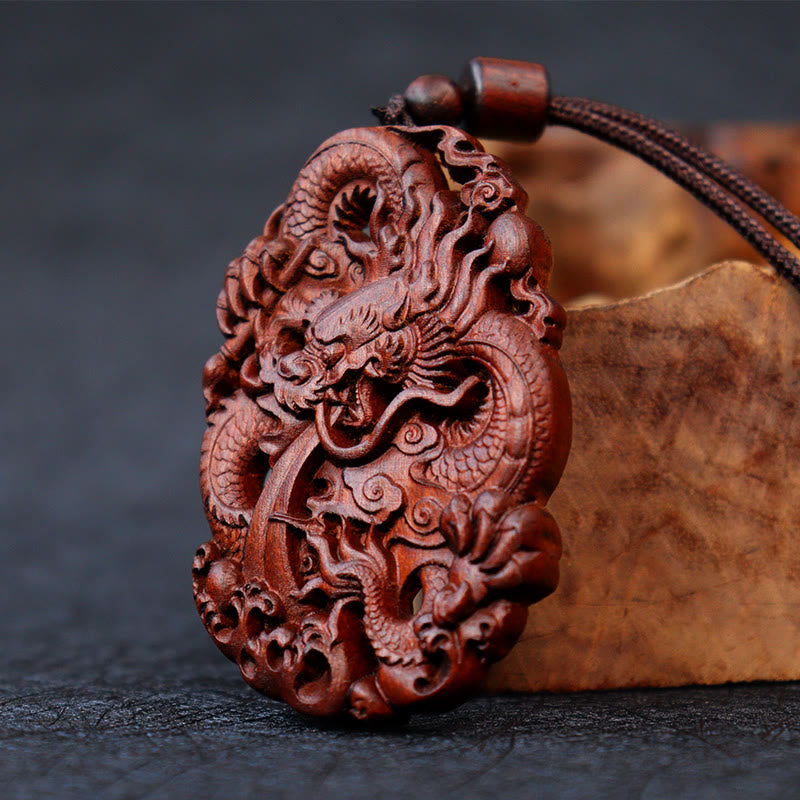 Lightning Struck Jujube Wood Double Dragon Protection Pendant