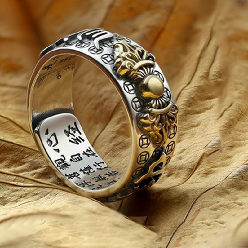 Om Mani Padme Hum Silver PiXiu Wealth Ring 990 Sterling