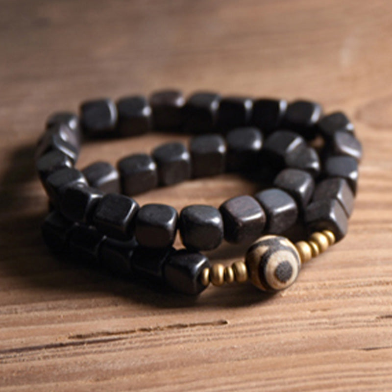 Ebony Wood Spiritual Peace Bracelet with Dzi Beads & Copper