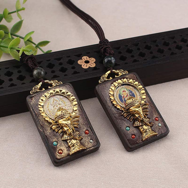Ebony Wood Elephant Necklace with God of Fortune Pendant