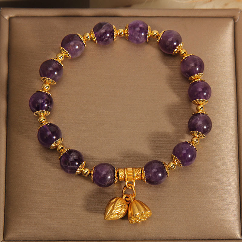 Natural Amethyst Healing Bracelet with Lotus for Spiritual Balance