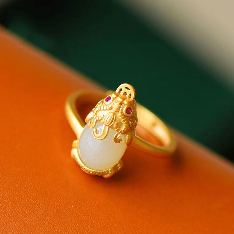 Adjustable 18k Gold Pixiu Jade Ring for Wealth & Luck