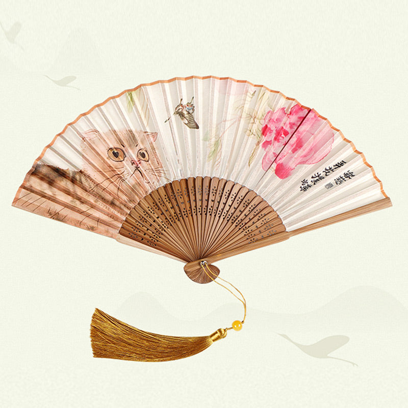 Silk Bamboo Folding Fan 21cm with Cat Butterfly Flowers Pattern