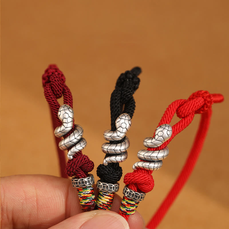 Dunkelrotes 14–17 cm großes Sterlingsilber-Armband mit Schlangenmünze und roter Schnur