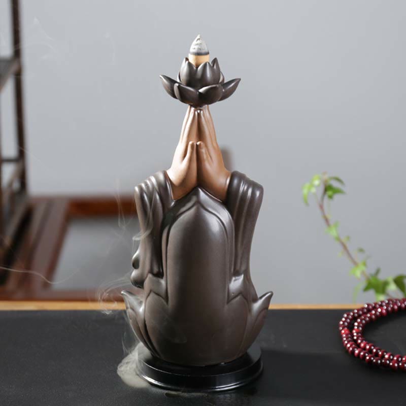 Ceramic Lotus Blessing Backflow Incense Burner with Buddha Deities