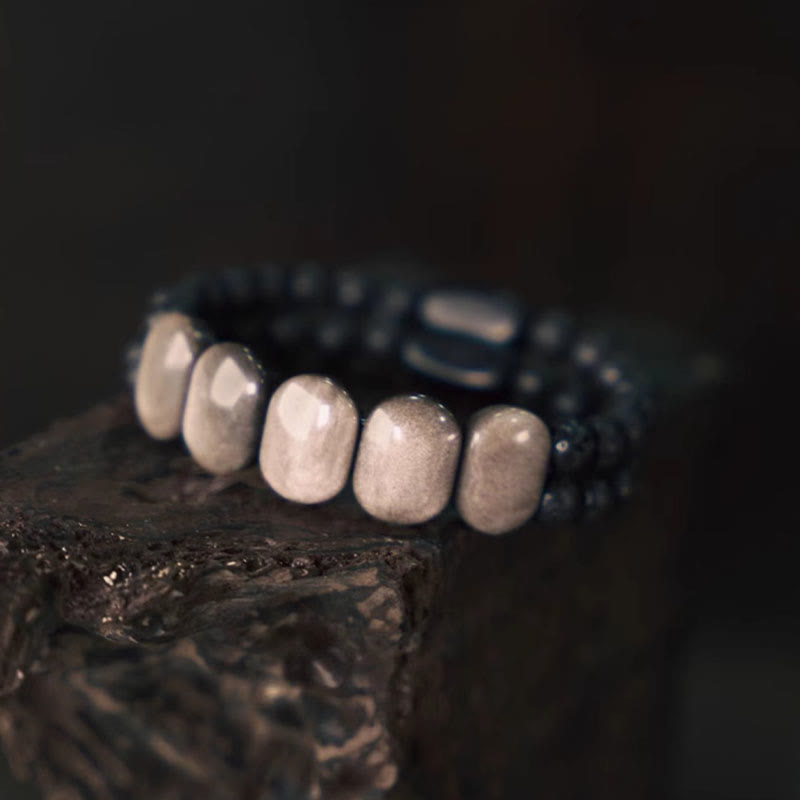 Silver Sheen Obsidian Lava Rock Communication Bracelet 16cm