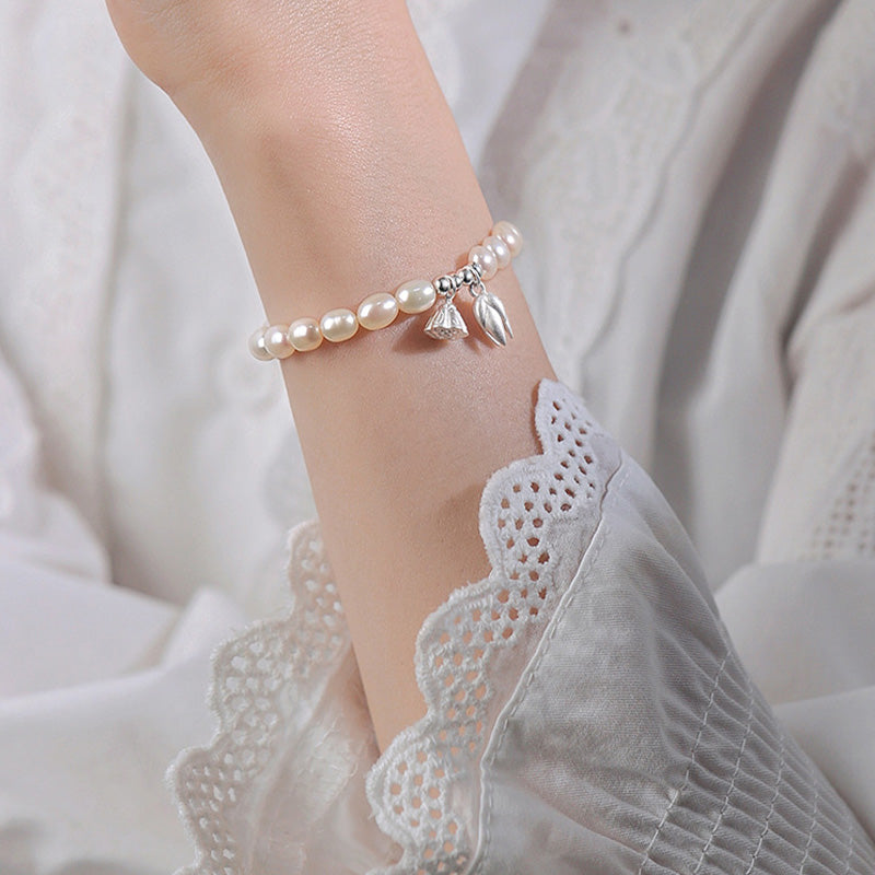 999 Sterling Silver Lotus Pearl Healing Bracelet 14-16cm