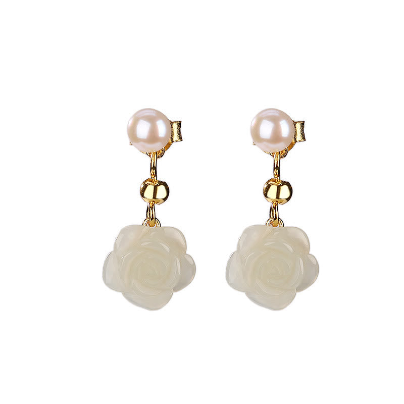 Gold Plated 925 Silver Jade Rose Flower Luck Earrings