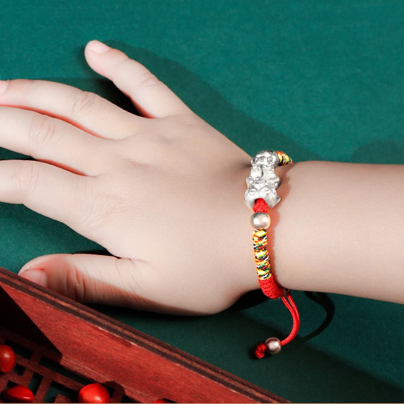 Kids Pixiu Bracelet in 999 Sterling Silver with King Kong Knot for Protection
