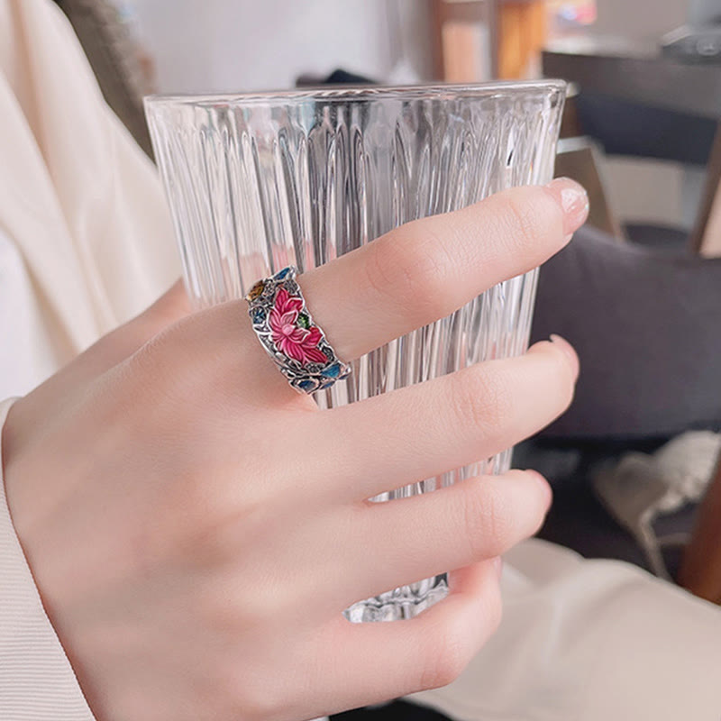 Adjustable Sterling Silver Koi Fish Lotus Prosperity Ring