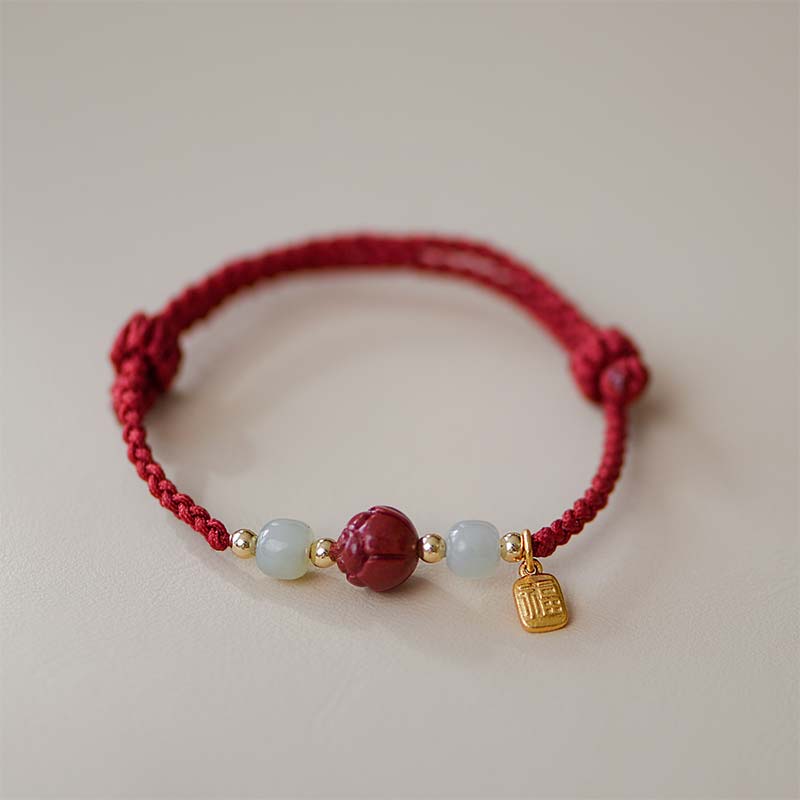 Adjustable Cinnabar Jade Red String Lotus Bracelet for Calm