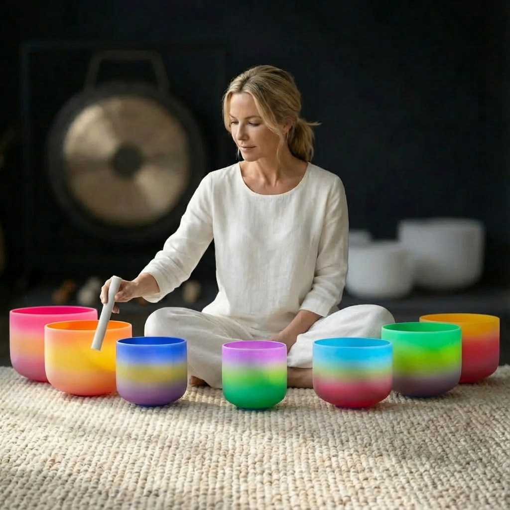 Regenbogen-Klangschalen-Set aus mattiertem Quarzkristall – 7-teilig, 6–14