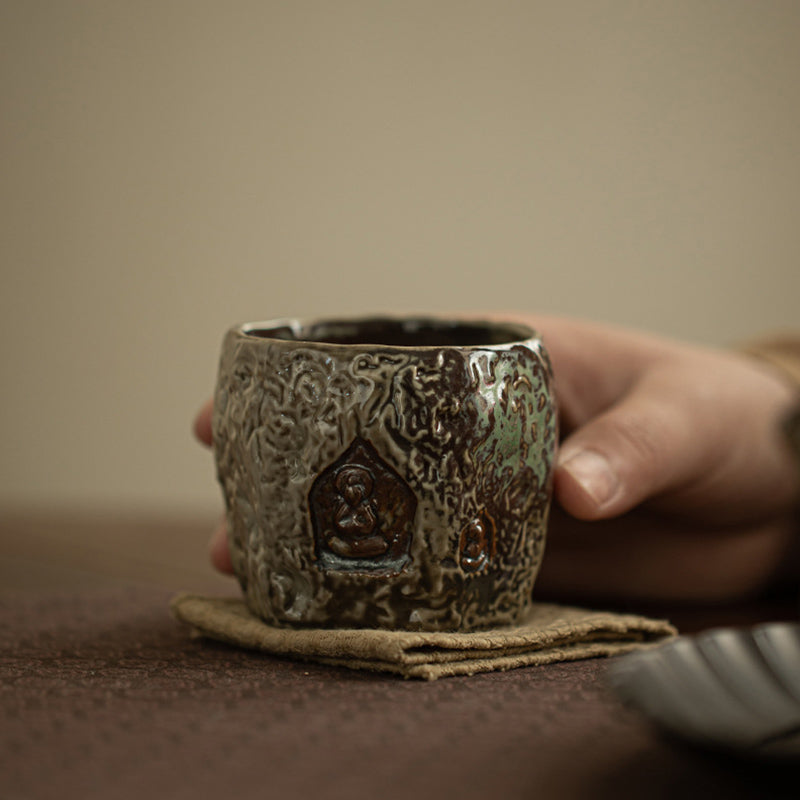 Vintage Dunhuang Keramik Teetasse mit Buddha-Gravur, 150 ml