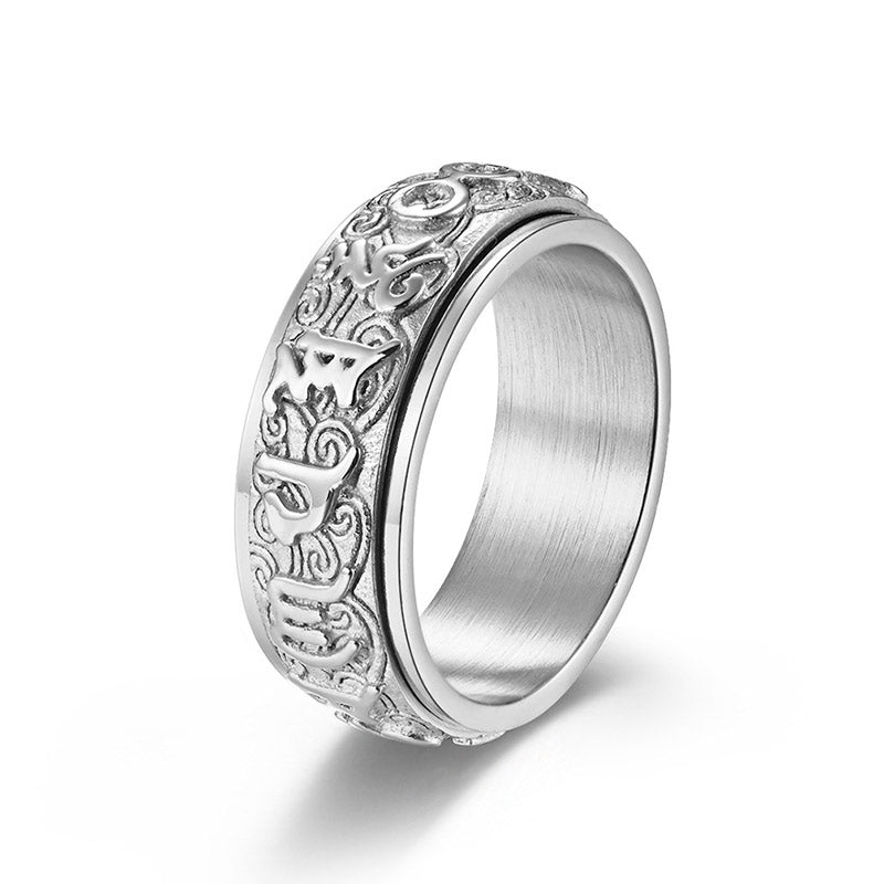 8mm Titanium Steel Om Mani Padme Hum Ring for Balance & Calm