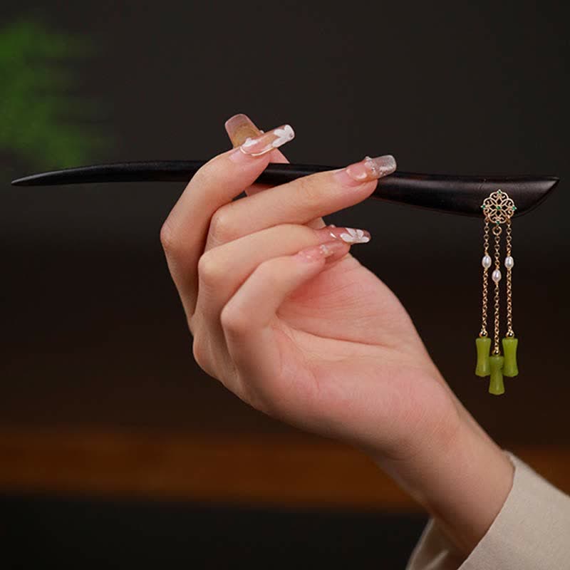 Natural Peridot & Ebony Wood Love Tassels Hairpin