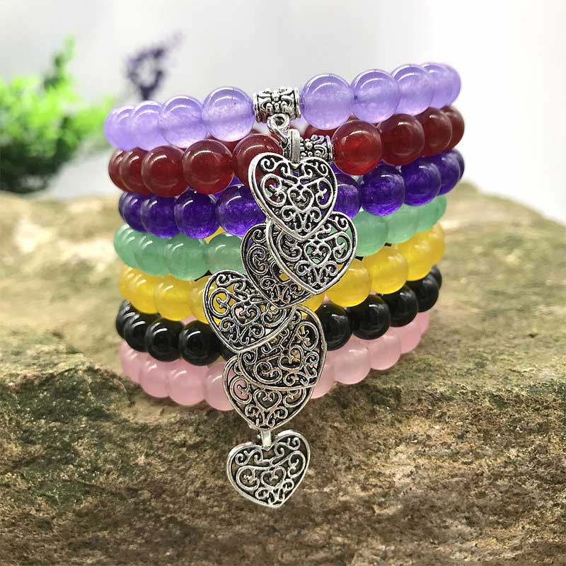 Amethyst Lucky Love Heart Charm Bracelet 8mm Beads