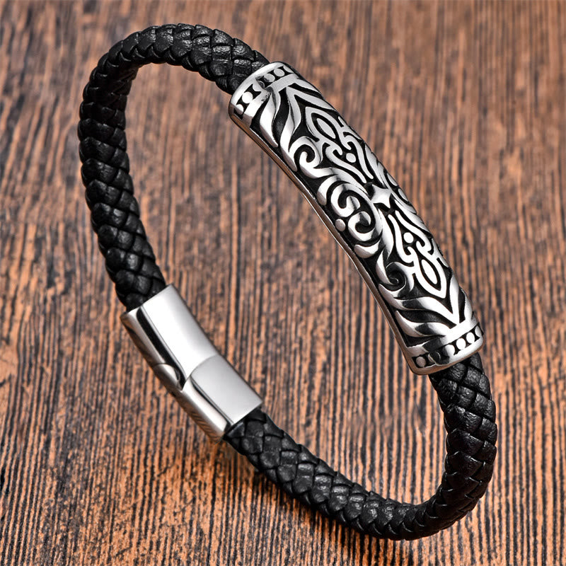 Doppellagiges Titanstahl-Lederarmband mit Blumenmuster | Stärke und Balance