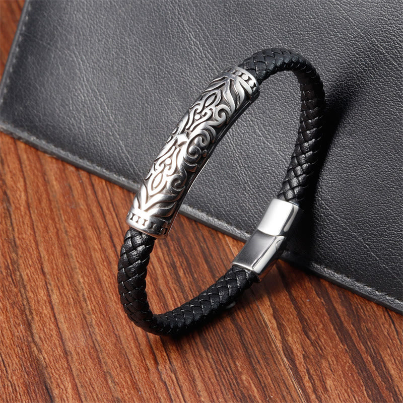Doppellagiges Titanstahl-Lederarmband mit Blumenmuster | Stärke und Balance