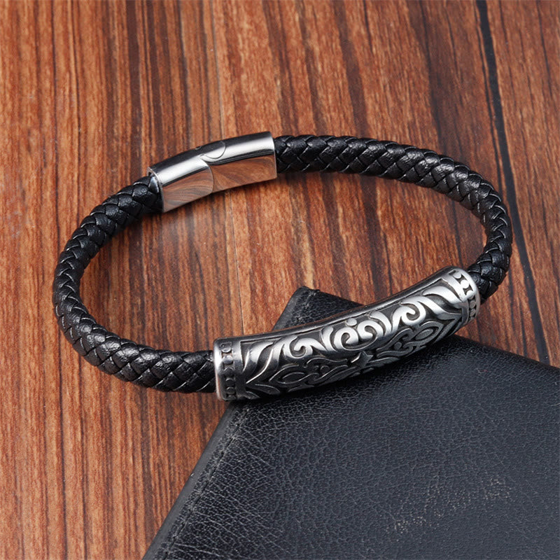 Doppellagiges Titanstahl-Lederarmband mit Blumenmuster | Stärke und Balance