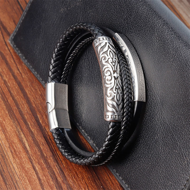 Doppellagiges Titanstahl-Lederarmband mit Blumenmuster | Stärke und Balance