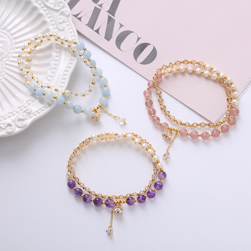Doppelt gewickeltes Amethyst-Aquamarin-Perlen-Heilarmband