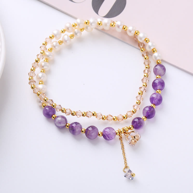 Doppelt gewickeltes Amethyst-Aquamarin-Perlen-Heilarmband
