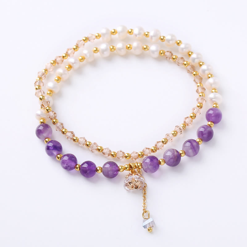 Doppelt gewickeltes Amethyst-Aquamarin-Perlen-Heilarmband