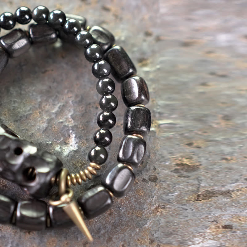 Doppelt gewickeltes Armband aus Ebenholz und schwarzem Obsidian für den Frieden