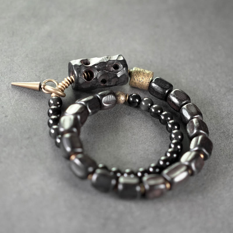 Doppelt gewickeltes Armband aus Ebenholz und schwarzem Obsidian für den Frieden