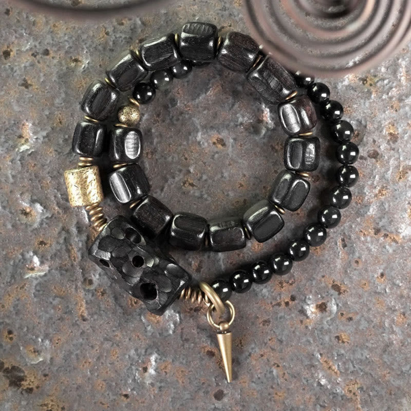Doppelt gewickeltes Armband aus Ebenholz und schwarzem Obsidian für den Frieden