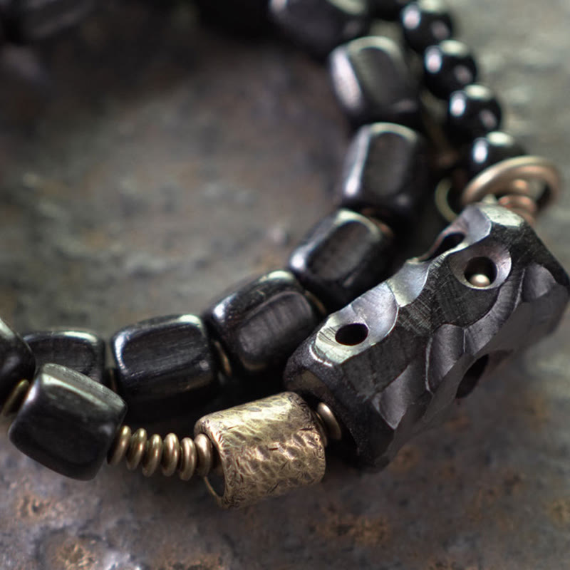 Doppelt gewickeltes Armband aus Ebenholz und schwarzem Obsidian für den Frieden