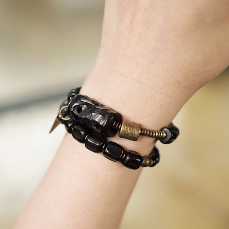 Doppelt gewickeltes Armband aus Ebenholz und schwarzem Obsidian für den Frieden