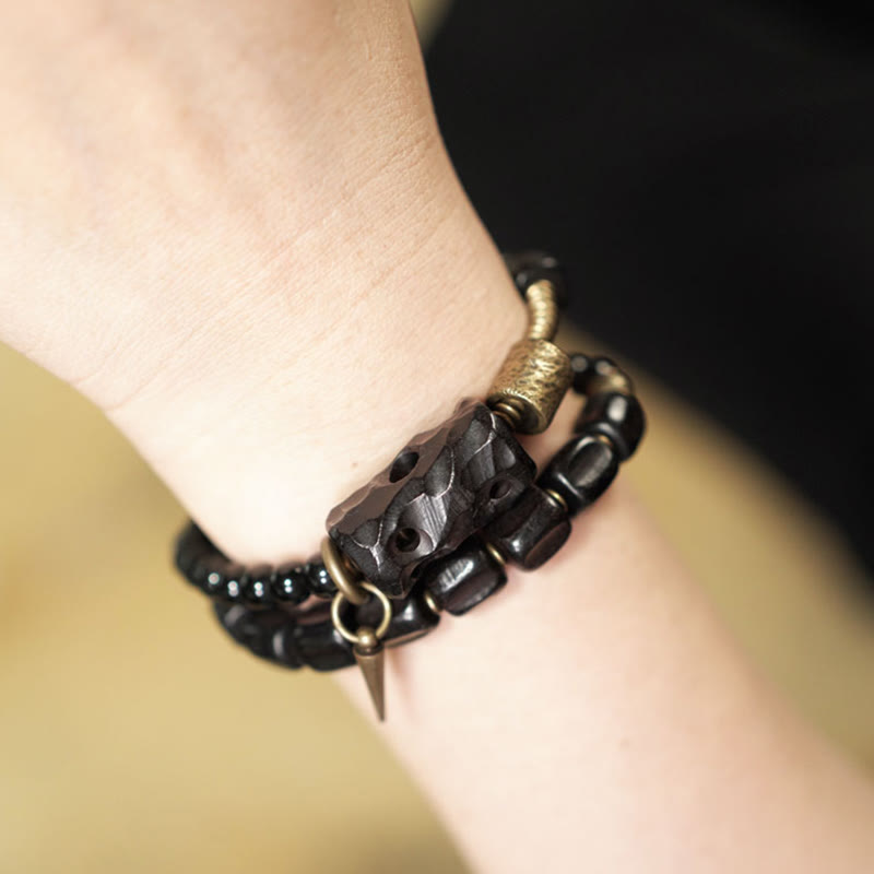 Doppelt gewickeltes Armband aus Ebenholz und schwarzem Obsidian für den Frieden