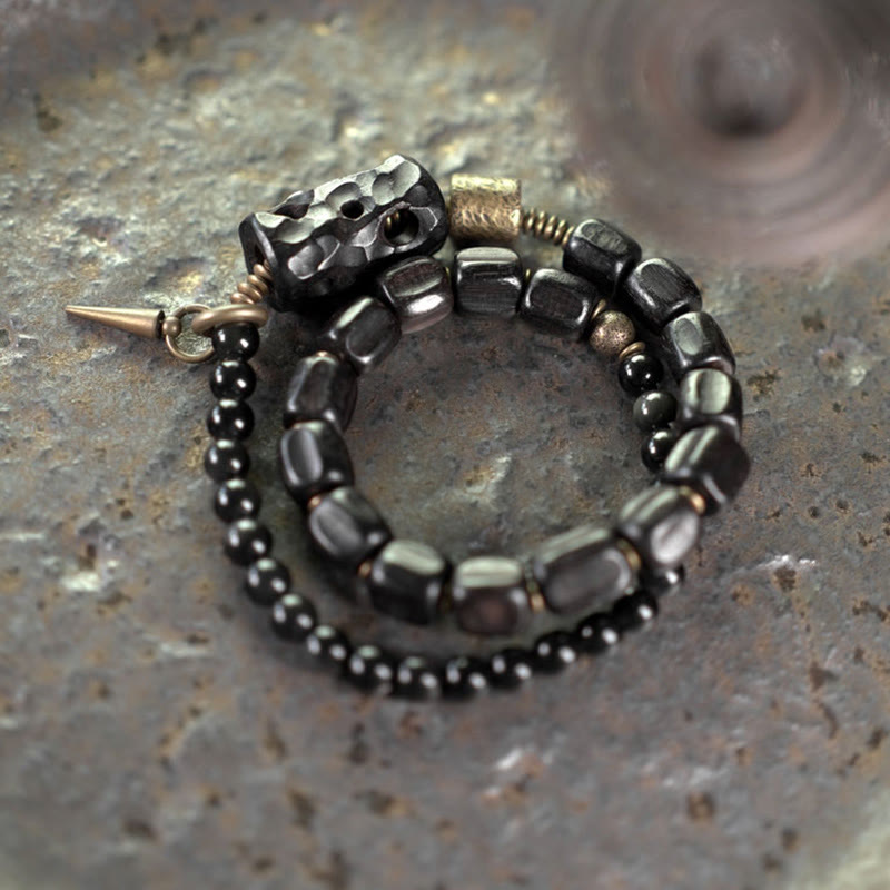 Doppelt gewickeltes Armband aus Ebenholz und schwarzem Obsidian für den Frieden