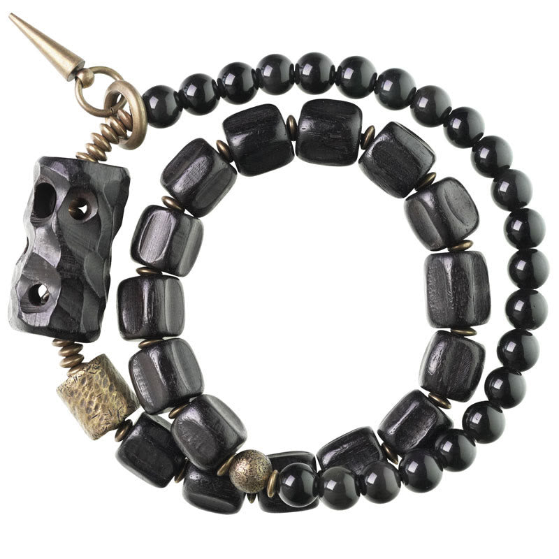 Doppelt gewickeltes Armband aus Ebenholz und schwarzem Obsidian für den Frieden