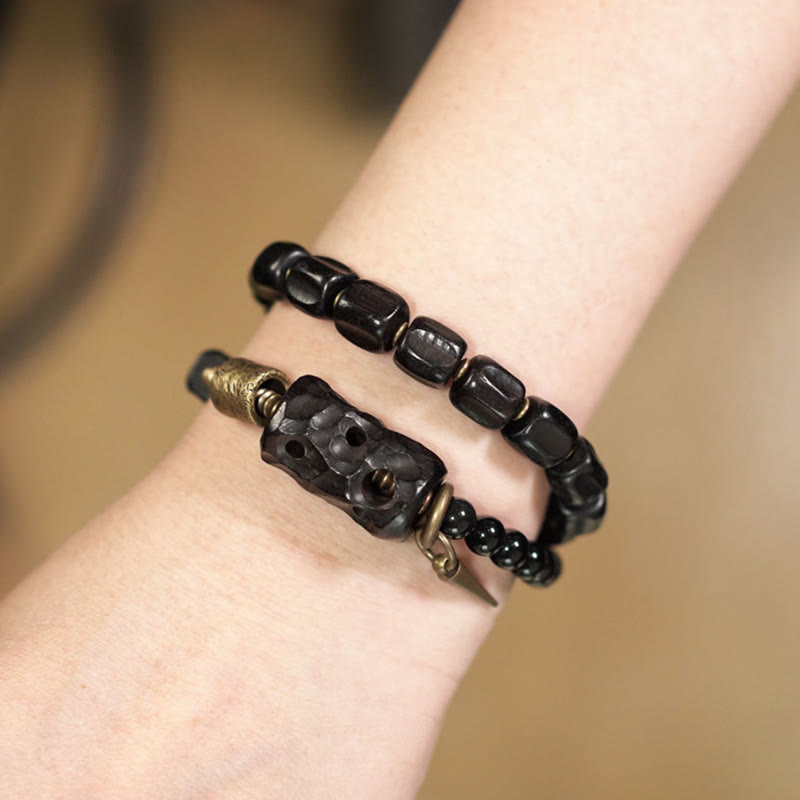 Doppelt gewickeltes Armband aus Ebenholz und schwarzem Obsidian für den Frieden