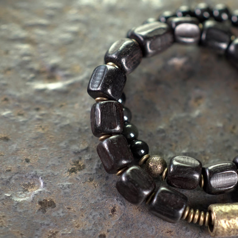 Doppelt gewickeltes Armband aus Ebenholz und schwarzem Obsidian für den Frieden
